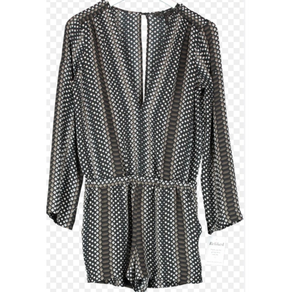 BCBGMAXAZRIA Romper XS Black‎ White Snake Print Long Sleeve V Neck Party